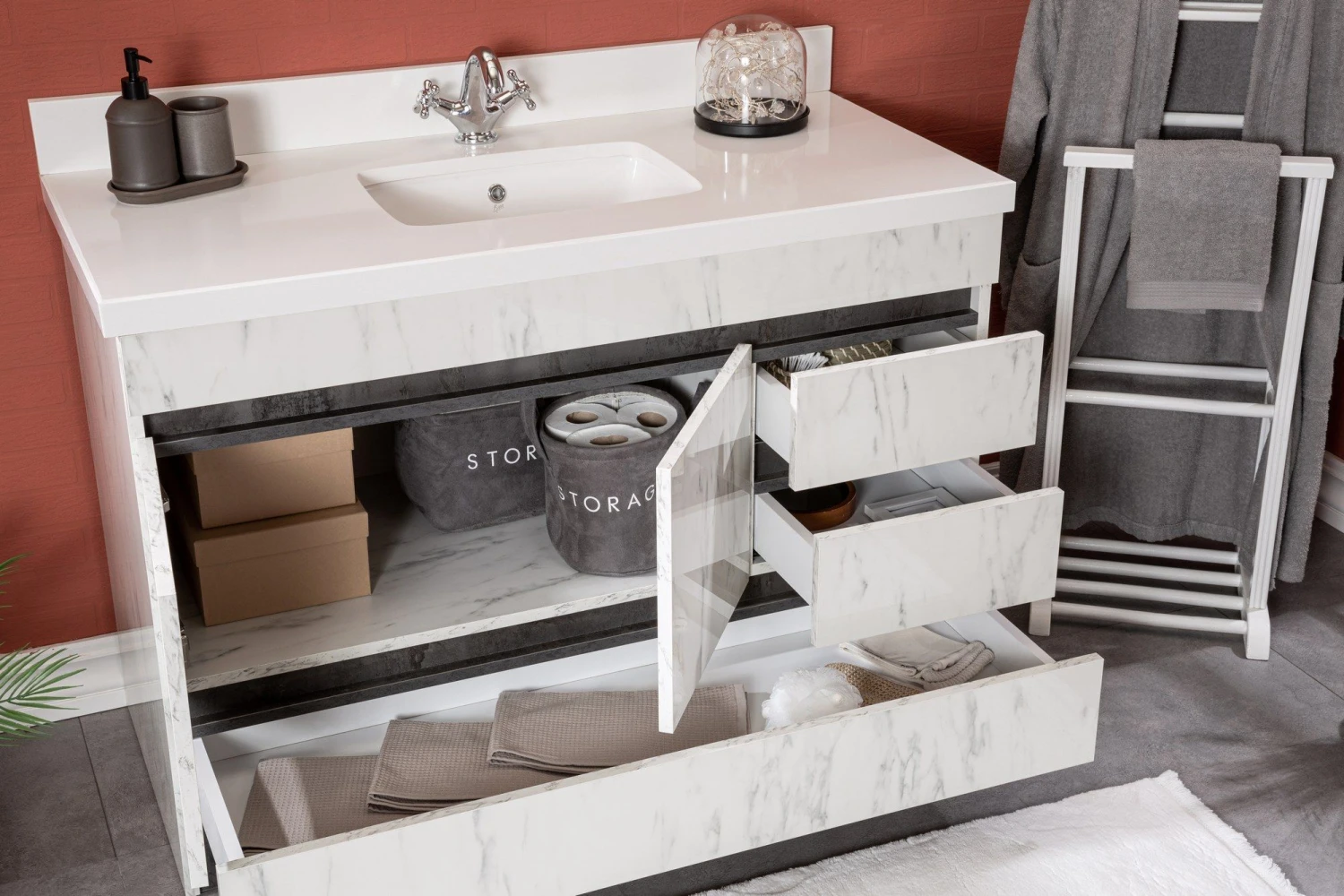 Jussara Badkamermeubelset | 2 Delig | Aanrechtblad Van Kwarts | Zwart Wit 5 Jussara Badkamermeubelset | 2 Delig | Aanrechtblad Van Kwarts | Zwart Wit - Afbeelding 5