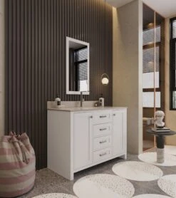 Jussara 2-delige Badkamermeubelset | Massief Hout | Kwartsblad Wit | Lade Van Marinehout | Flotal Spiegel -Emob 138JSR1141 20 202 cf25