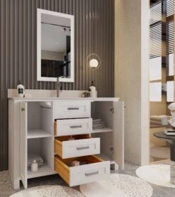 Jussara 2-delige Badkamermeubelset | Massief Hout | Kwartsblad Wit | Lade Van Marinehout | Flotal Spiegel -Emob 138JSR1141 20 203 9572