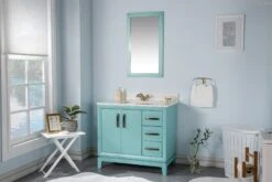 Jussara Badkamermeubelset - Turquoise | 2-delig, MDF Met Gelaagd Hout, Kwarts Aanrechtblad En Porseleinen Wastafel -Emob 138JSR1188 20 202 d094