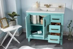 Jussara Badkamermeubelset - Turquoise | 2-delig, MDF Met Gelaagd Hout, Kwarts Aanrechtblad En Porseleinen Wastafel -Emob 138JSR1188 20 203 0871