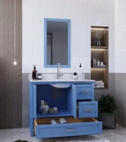 Jussara Badkamermeubelset | 2 Stuks | MDF Gelakt | Aanrechtblad Wit Kwarts | Lade Van Marien Hout | Blauw -Emob 138JSR1384 20 204 0f0f