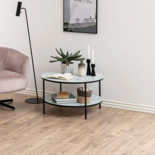 Salontafel Alisma ø80cm, 1 Legplank - Wit Marmer/ Zwart 1 Salontafel Alisma ø80cm, 1 Legplank - Wit Marmer/ Zwart