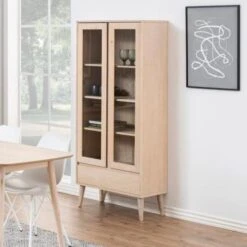 Vitrinekast Nalini 80cm 2 Deuren & 1 Lade - Lichte Eik