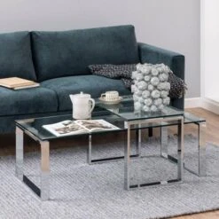 Set Van 2 Salontafels Nicola Met Glazen Blad - Grijs