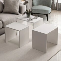 Modieuze Woody Nesting Table Set: 3P, Melamine Gecoat, Wit -Emob 506MNR1214 20 202 297c