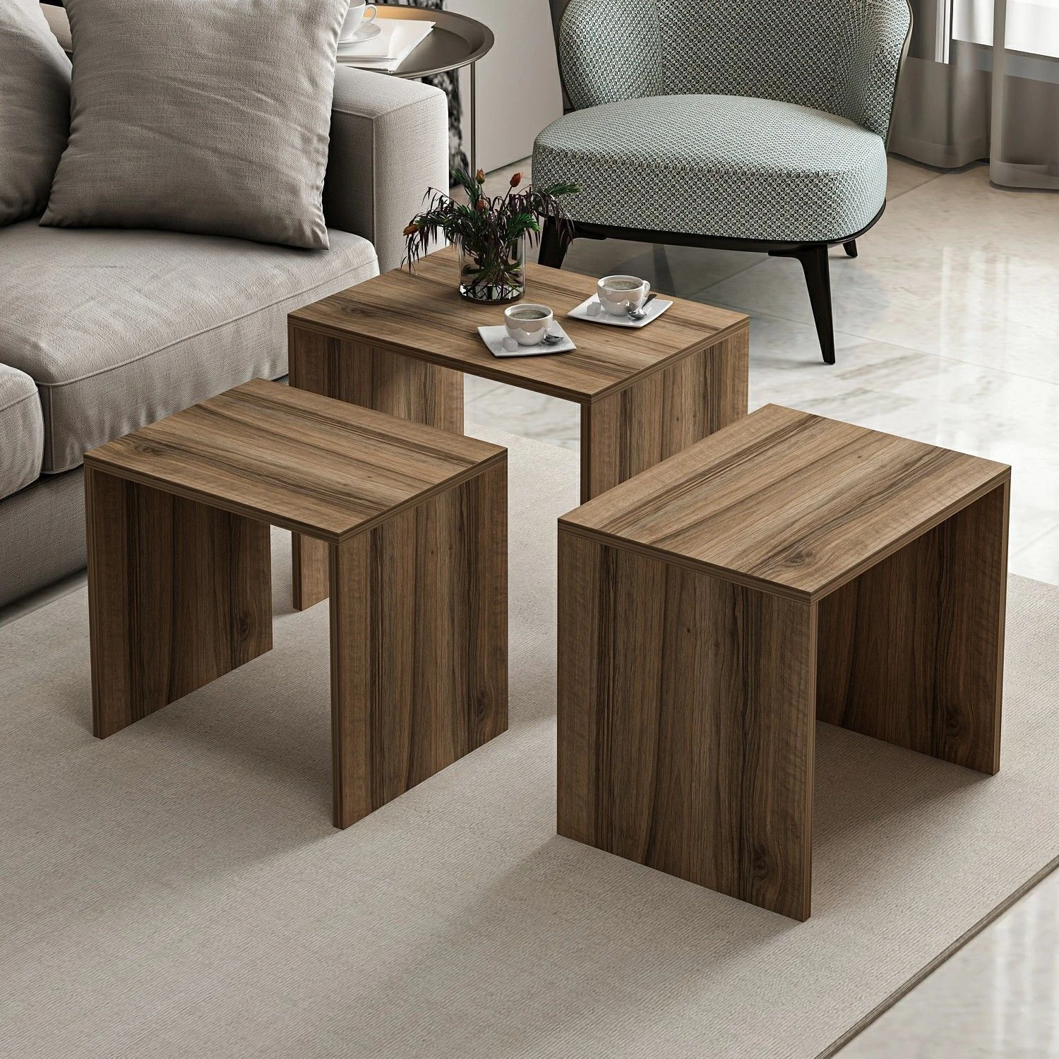 Woody Fashion Nesting Tables (3 Stuks) | 100% Melamine | Walnoot 8 Woody Fashion Nesting Tables (3 Stuks) | 100% Melamine | Walnoot - Afbeelding 8