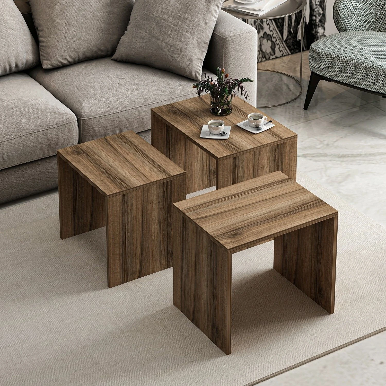 Woody Fashion Nesting Tables (3 Stuks) | 100% Melamine | Walnoot 6 Woody Fashion Nesting Tables (3 Stuks) | 100% Melamine | Walnoot - Afbeelding 6