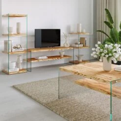Luxe Locelso Salontafel | 100% Massief Pijnboomhout | 100% Gehard Glazen Poot | Milieuvriendelijk | Eikenkleur -Emob 552NOS1427 20 203 1ff7