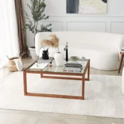 Locelso Salontafel | Gehard Glas En Massief Houten Frame | 90x40x90 Cm | Hout -Emob 552NOS1441 20 202 fd60