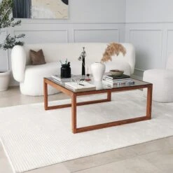 Locelso Salontafel | Gehard Glas En Massief Houten Frame | 90x40x90 Cm | Hout -Emob 552NOS1441 20 206 c6aa