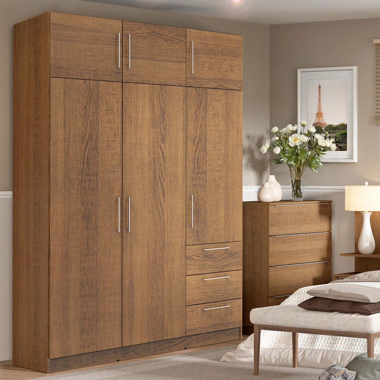 Kledingkast Tarn 137cm Met 6 Deuren & 3 Lades - Walnoot 1 Kledingkast Tarn 137cm Met 6 Deuren & 3 Lades - Walnoot