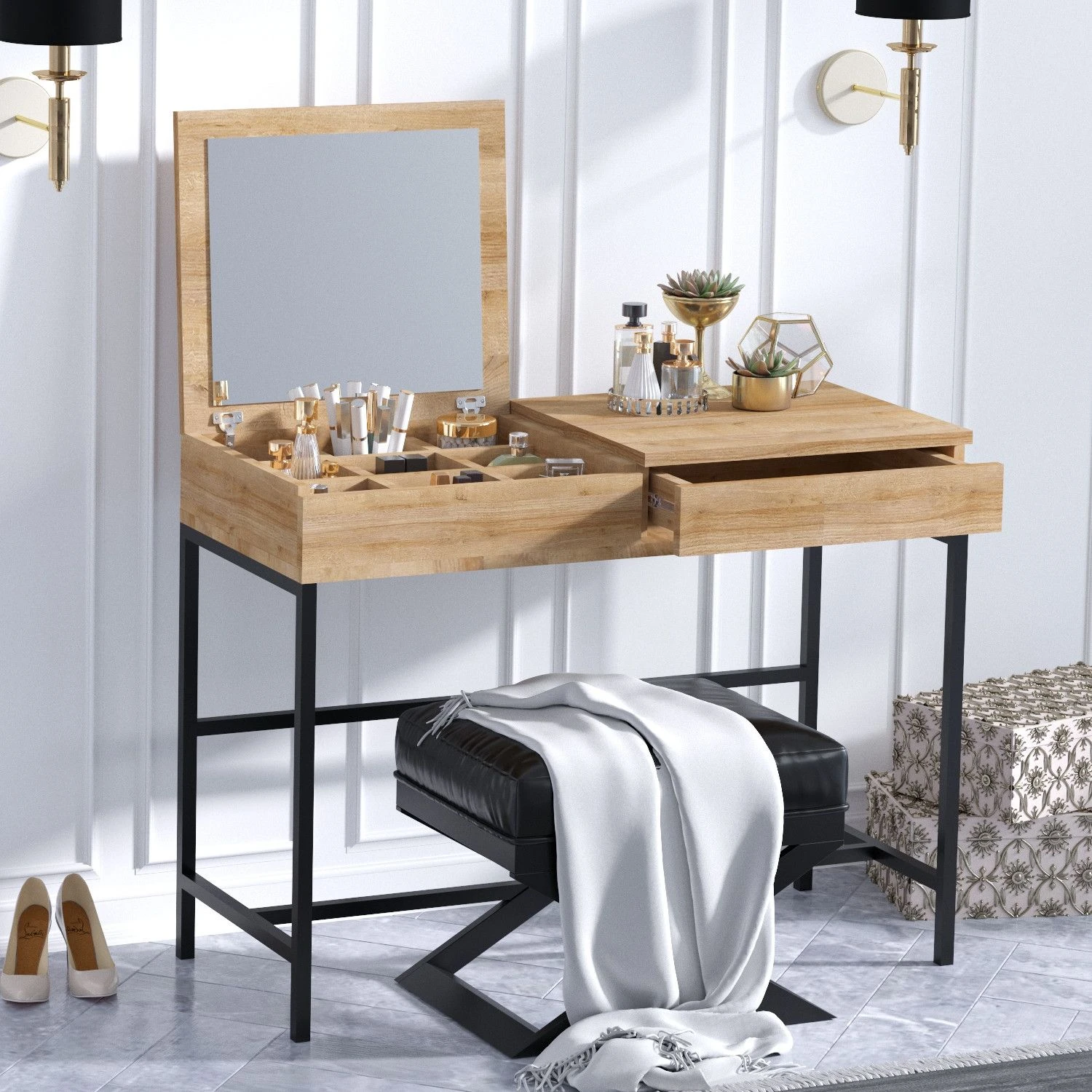 Elegante Eiken Zwarte Make-up Tafel - Opbergruimte En Stijl 3 Elegante Eiken Zwarte Make-up Tafel - Opbergruimte En Stijl - Afbeelding 3