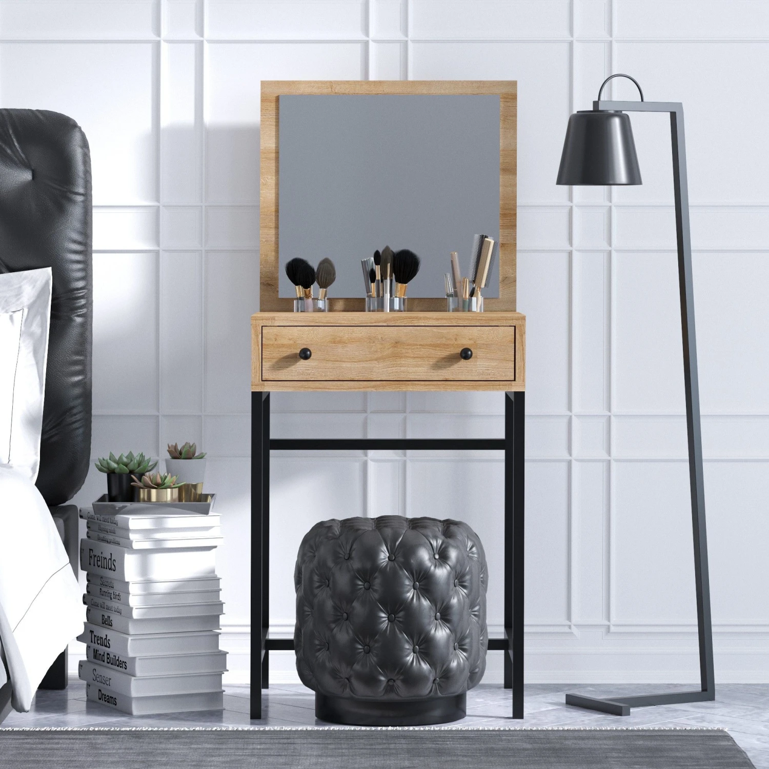 Mary Make-up Tafel | Melamine Coating | Metalen Poten | Eiken Zwart 3 Mary Make-up Tafel | Melamine Coating | Metalen Poten | Eiken Zwart - Afbeelding 3