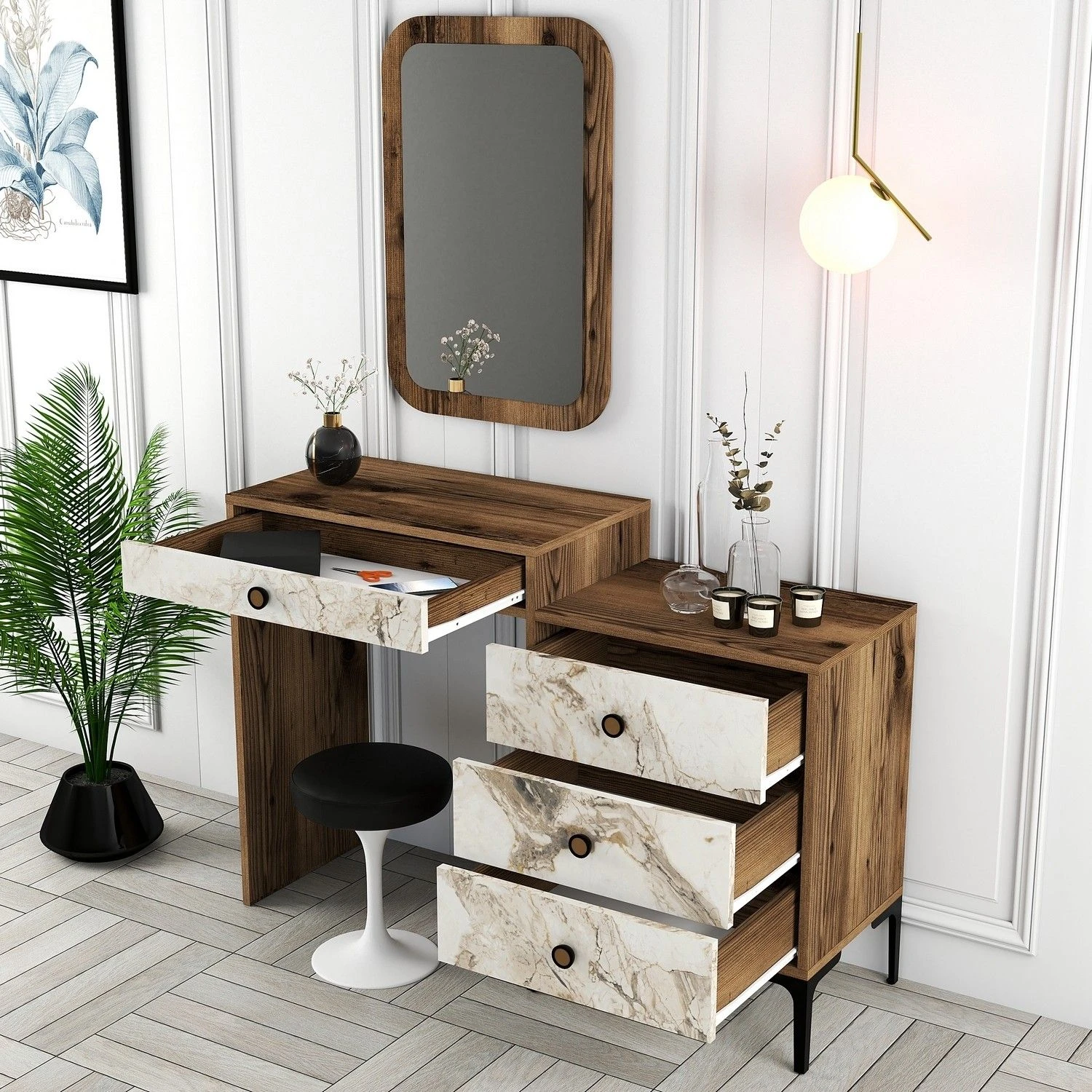 Woody Fashion Dresser | 100% Melaminegecoat Spaanplaathout Van 18 Mm Dik | Metalen Poten | Kleur: Walnootwit 5 Woody Fashion Dresser | 100% Melaminegecoat Spaanplaathout Van 18 Mm Dik | Metalen Poten | Kleur: Walnootwit - Afbeelding 5