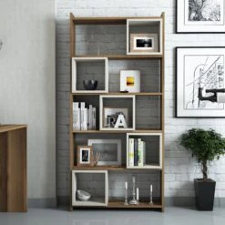 Houten Boekenplank | 80 X 22 X 170 Cm | Notenhout-crèmekleur -Emob 845HCT3603 20 202 4998