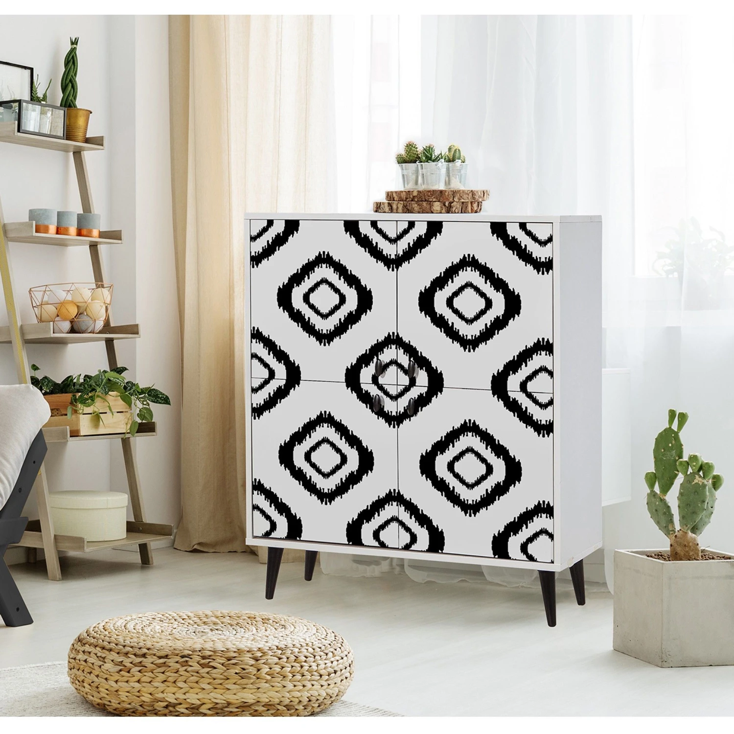 Vella Multifunctionele Kast - 18mm Melamine - Poten Van Haagbeuk - Metalen En Touw Handgrepen - 95x111x36cm - Wit Zwart 1 Vella Multifunctionele Kast - 18mm Melamine - Poten Van Haagbeuk - Metalen En Touw Handgrepen - 95x111x36cm - Wit Zwart