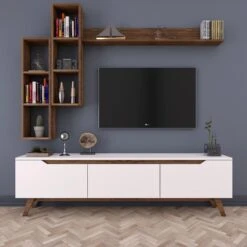 Modern TV-meubel Met Planken Met Melamine Coating | Wit Notenhout