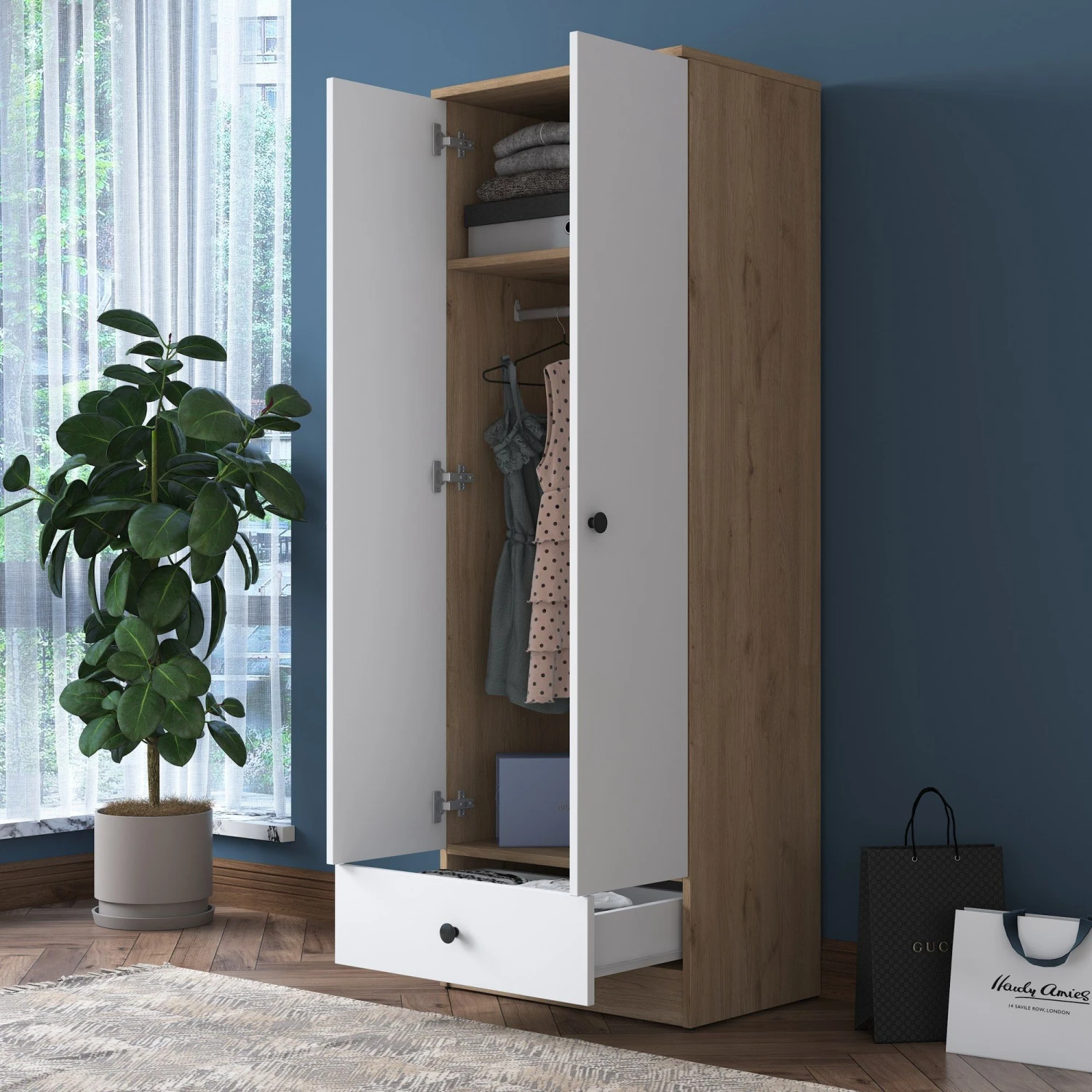 Locelso Kledingkast - 100% Gemelamineerd - Wit Noten 6 Locelso Kledingkast - 100% Gemelamineerd - Wit Noten - Afbeelding 6