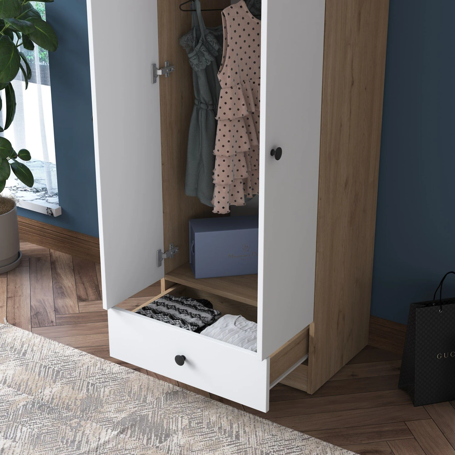 Locelso Kledingkast - 100% Gemelamineerd - Wit Noten 5 Locelso Kledingkast - 100% Gemelamineerd - Wit Noten - Afbeelding 5