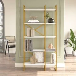 Locelso Boekenplank | 18mm Gemelamineerd | Metalen Frame | 87" Breedte | Wit Goud -Emob 956LCS1425 20 202 20c5
