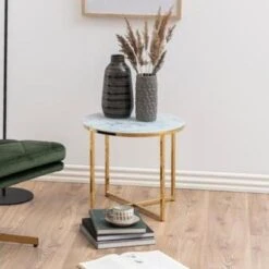 Ronde Bijzettafel Anika ø50cm - Wit Marmer/ Goud