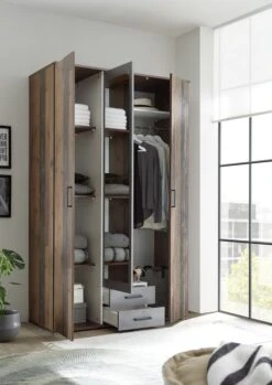 Kledingkast Ellis 120cm Met 3 Deuren 2 Lades & Spiegel - Old Style/beton -Emob Chicago KS offen 58 138 X8 0601