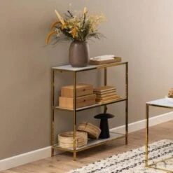 Sidetable Alisma 70x30cm 1 Legplank - Wit Marmer/ Goud