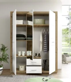 Kledingkast Storck 151cm 3 Deuren & 2 Lades & Spiegel - Artisan Eik/wit -Emob KLS Stone frontal offen RET 58 732 T2 fa56