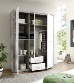 Kledingkast Storck 151cm 3 Deuren & 2 Lades & Spiegel - Beton/wit -Emob KLS Stone offen 58 732 D5 f05a