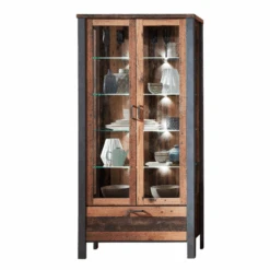 Vitrinekast Carthago 94cm 2 Deuren & 1 Lade - Oud Hout/antraciet