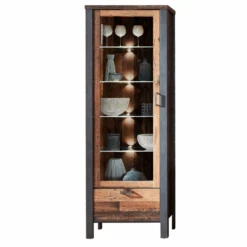 Vitrinekast Carthago 69cm 1 Deur & 1 Lade - Oud Hout/antraciet