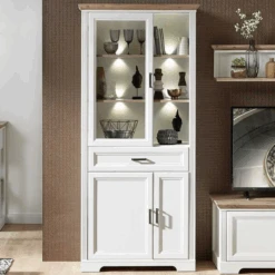 Vitrinekast Samine 93cm 3 Deuren & 1 Lade - Wit/eik