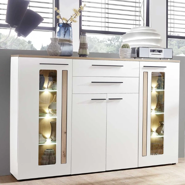 Buffetkast Lorna 4 Deuren & 2 Lades - Wit/eik 1 Buffetkast Lorna 4 Deuren & 2 Lades - Wit/eik