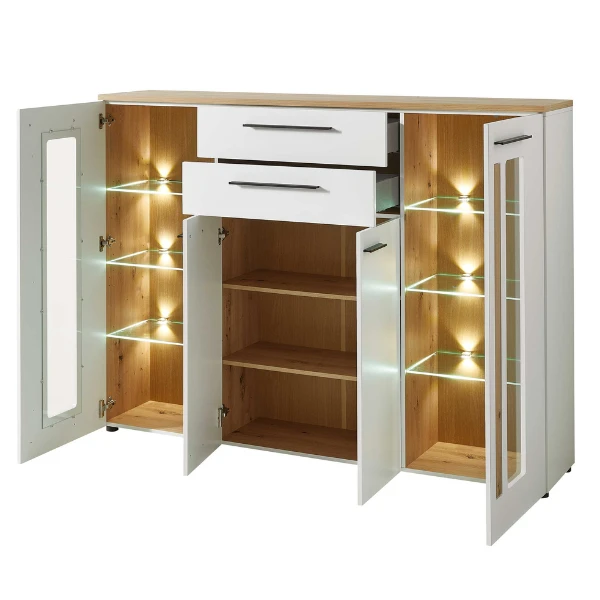 Buffetkast Lorna 4 Deuren & 2 Lades - Wit/eik 3 Buffetkast Lorna 4 Deuren & 2 Lades - Wit/eik - Afbeelding 3