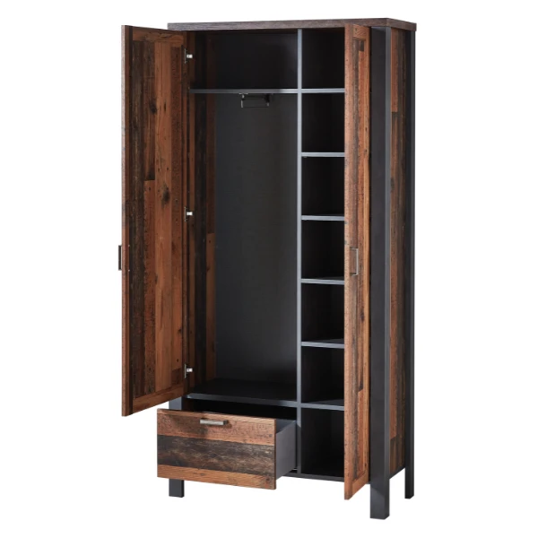 Garderobekast Carthago 94cm Met 2 Deuren & 1 Lade - Oude Eik/antraciet 3 Garderobekast Carthago 94cm Met 2 Deuren & 1 Lade - Oude Eik/antraciet - Afbeelding 3