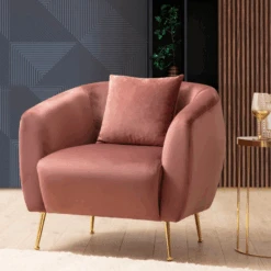 Stijlvolle Wing Chair - Beukenhouten Frame, Roze Polyester Stof, Gouden Metalen Poten