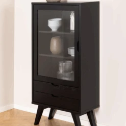 Zwart Eiken Sieg Vitrinekast: 2 Laden, Glazen Deur