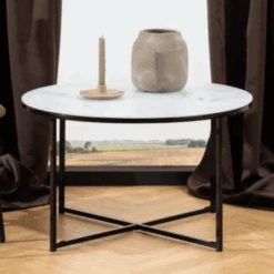 Ronde Salontafel Alisma Ø80x45 Cm - Wit Marmer/Glas
