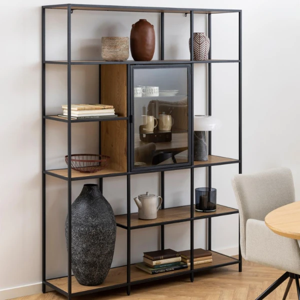 Moderne Seaford Boekenkast: Zwart Staal En Glas, Eiken Met 8 Planken, 135x35x185 Cm 5 Moderne Seaford Boekenkast: Zwart Staal En Glas, Eiken Met 8 Planken, 135x35x185 Cm - Afbeelding 5