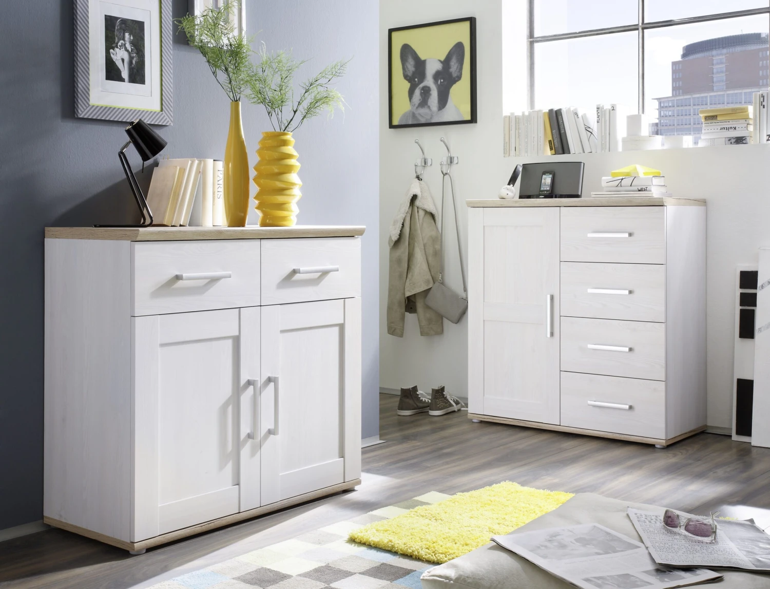 Bijzetkastje Roman 93cm Met 2 Deuren & 2 Lades - Wit/bruin - Afbeelding 3