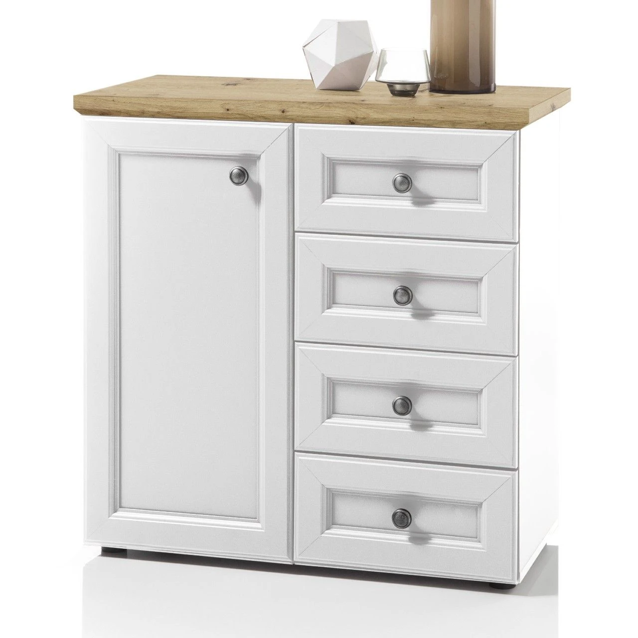 Bijzetkastje Norah 82cm Met Deur & 4 Lades - Wit/bruin 1 Bijzetkastje Norah 82cm Met Deur & 4 Lades - Wit/bruin